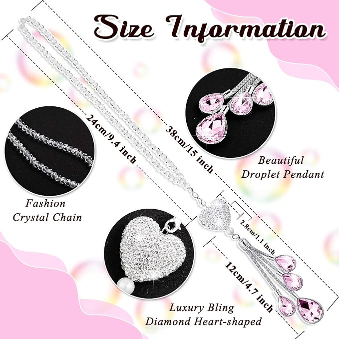 Frienda Bling Car Rear View Mirror Accessories for Women Gift Cute Heart Crystal Hanging Charm Diamond Decoration Lucky Interior Ornament Pendant(9.8 Inch,Pink)