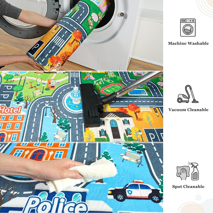 Car Rug Play Mat for Kids Toy Cars, 7' x 9' City Road Town Track Four Seasons Traffic Carpet, Non-Slip Washable Area Rug for Kids Room Bedroom Classroom Play Area, Fun Learning Carpet for Children