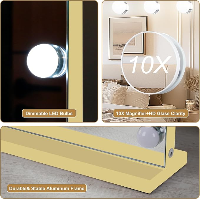 Moonee Vanity Mirror with Lights, Gold Hollywood Lighted Makeup Mirror with 17 Dimmable Bulbs and 10X Magnification, 3 Colors Modes, Aluminum Metal Frame, Light Up Mirror for Tabletop/Wall(26" x 20")