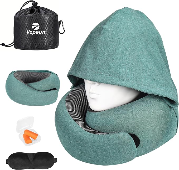 Travel Pillow - Hooded Neck Pillow Airplane Memory Foam Filling for Plane, Office, Cars Sleeping, Road Trip, Long Flights, Airplane Travel Essentials, Includes Eye Mask & Earplugs (Green)