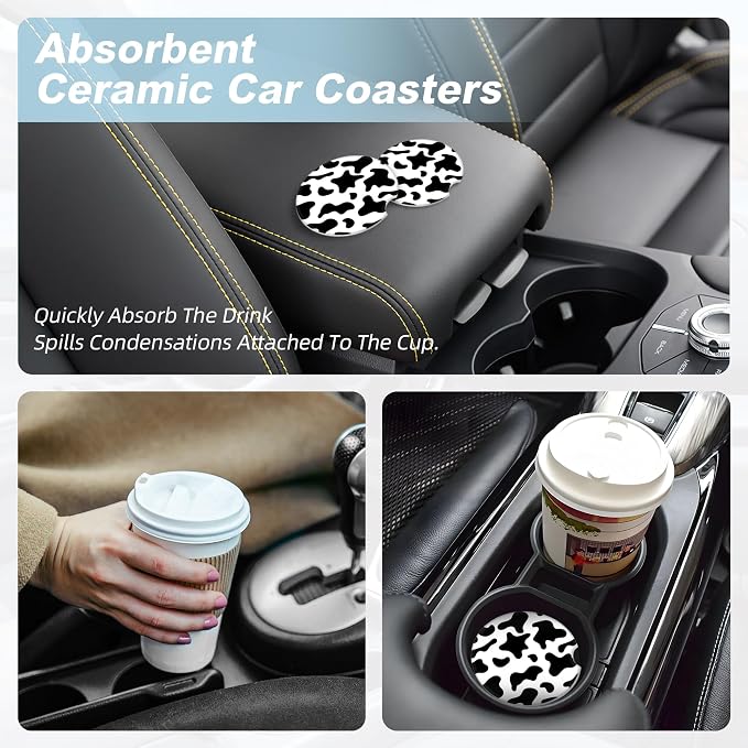 Black and White Cow Print Car Coasters for Cup Holders,2 Pack Car Cup Holder Coasters for Car,Ceramic Absorbent Car Coaster with A Finger Notch and Cork Base,Car Interior Accessories for Women Men