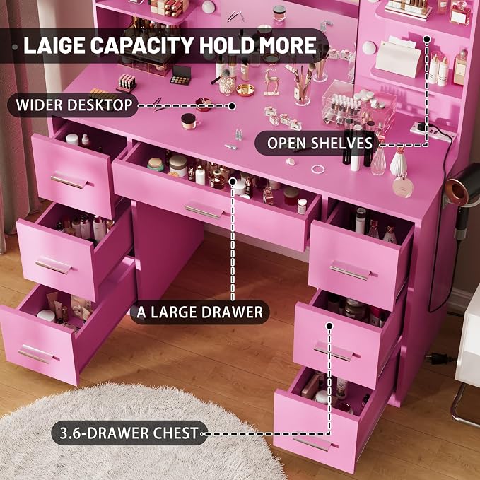 Furmax Vanity Desk with Mirror, LED Lights and Power Outlet Makeup Vanity Table with 7 Drawers and 6 Storage Shelves Dressing Table for Bedroom Dressing Room (Pink)