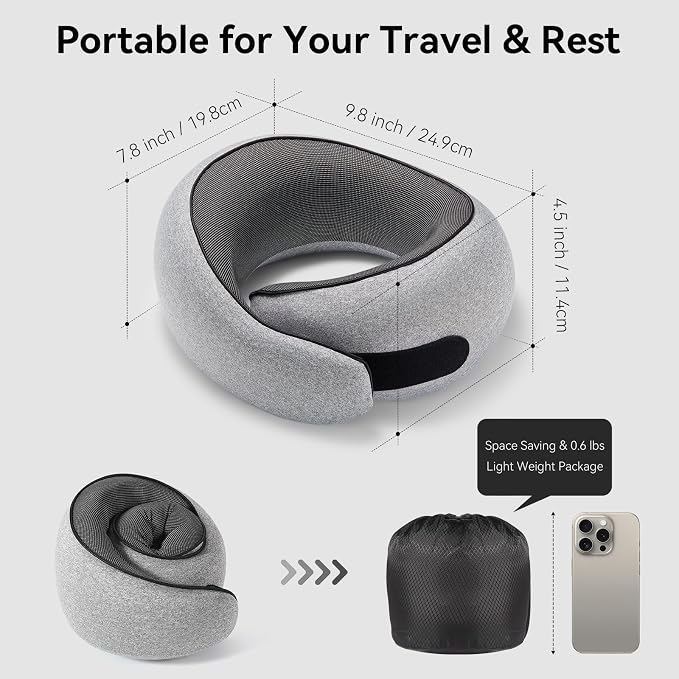 Travel Neck Pillow for Airplanes, Memory Foam Neck Pillow with Ergonomic 360° Support, Compact Design for Plane, Car & Office Travel Essentials, Gray