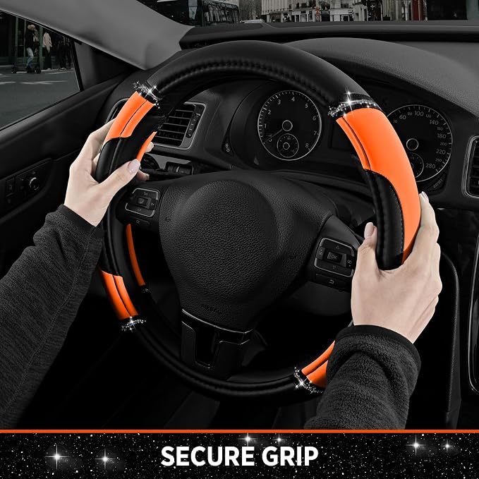 Road Comforts Leather Steering Wheel Cover - Made with PVC Leather - Anti-Slip, Universal Fit 14 1/2 inches to 15 inches - Orange