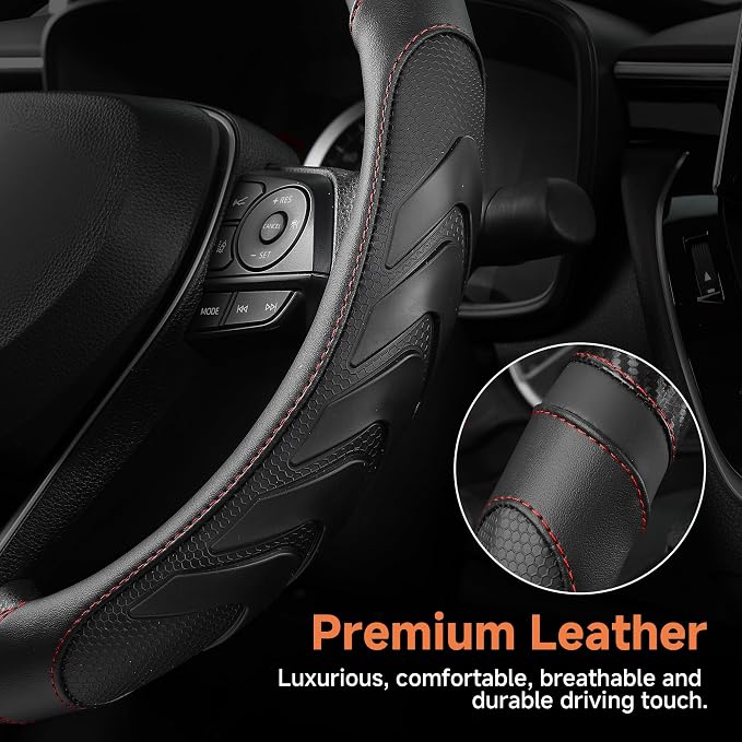 West Llama Customized Auto Car Steering Wheel Cover for Dodge RAM 1500 2500 3500, 15.5-16 inch(Black+Red-Large Size)