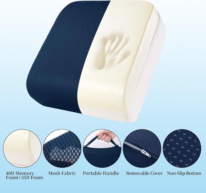 MABOZOO Extra Thick Chair Cushions, Office Chair Booster Seat Cushion to Raise Seat Height for Pain Relief,18 x 16 x 6 inch Non Slip Memory Foam Thick Cushion with Carry Handle(Navy Blue)