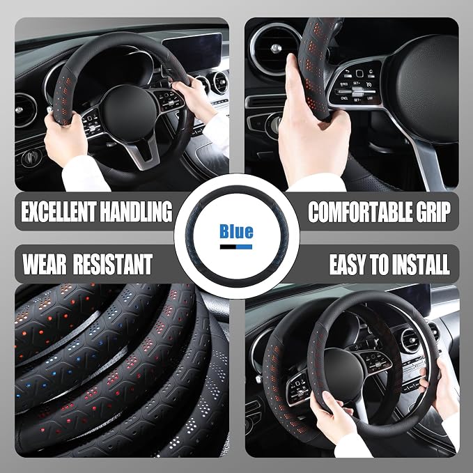 3D Slim Soft 15 inch Leather Steering Wheel Cover Black with Blue | Breathable Anti-Slip Premium Skin-Feel Perforated Thin Nappa Leather, Universal 14.5 inch to 15 inch