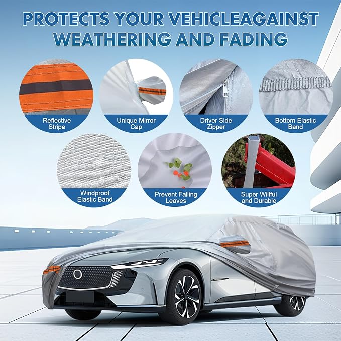 6-Layer Full Car Cover is All-Weather Waterproof, Fit for 197"-207" Length Sedan, Universal in All Seasons, Snow Prevention, Rainproof, Acid Rainproof, Sunscreen, Orange Reflective Strip