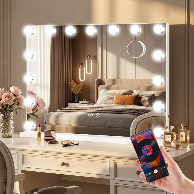 Moonee Vanity Mirror with Lights, Bluetooth Hollywood Lighted Makeup Mirror with 15 Dimmable Bulbs and 10X Magnification, 3 Colors Modes, Light Up Mirror, Gifts for Women, Girls(23" x 18")