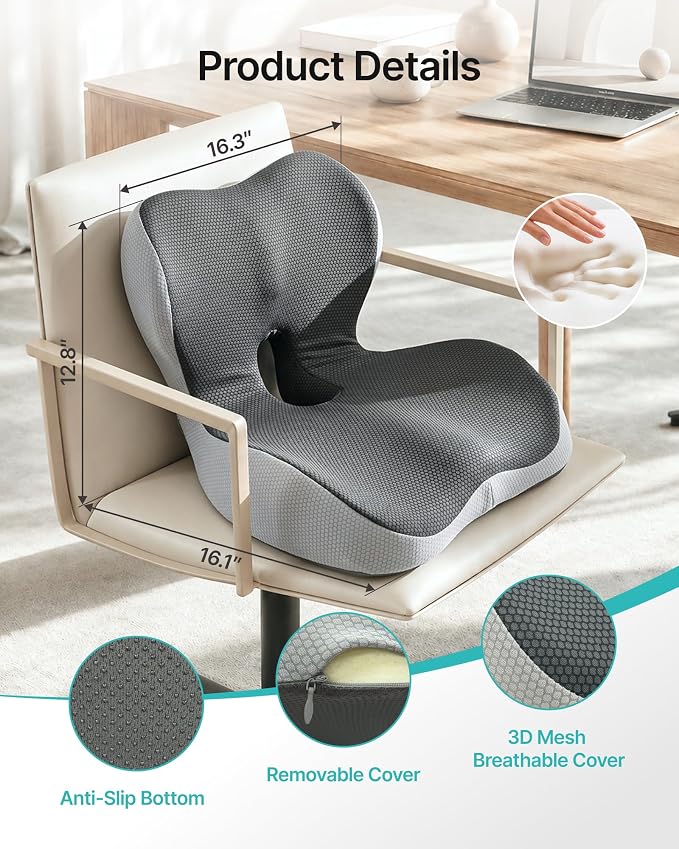 PEGZONE Seat Cushion with Lumbar Support, Memory Foam Cushion for Chair | Ergonomic Lumbar Support Pillow,Chair Cushion for Office , Car, – Orthopedic Pain Relief Cushion,For Back, Tailbone, Gray