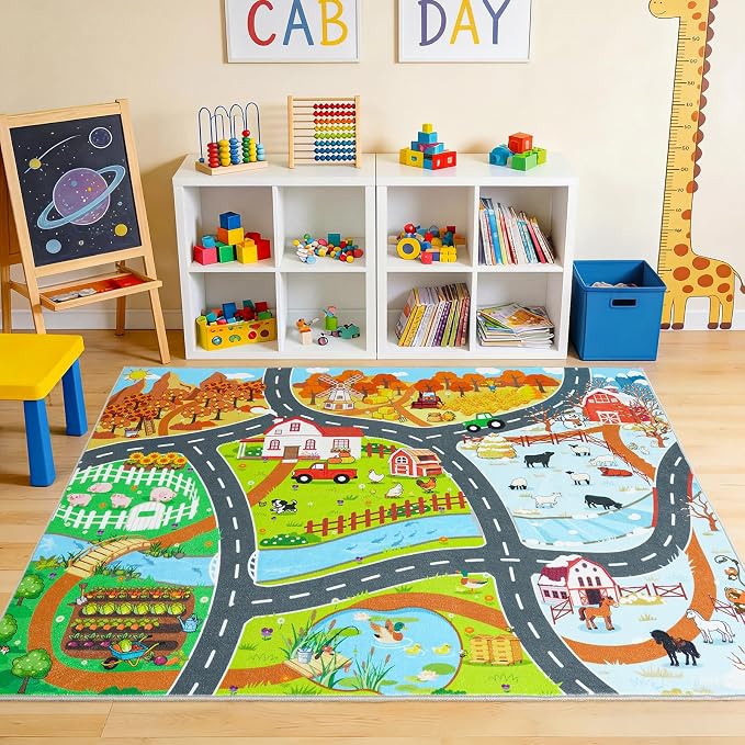 Car Rug Play Mat for Kids Toy Cars, 4' x 5' Town Country Barn Track Road Carpet, Non-Slip Machine Washable Rugs Four Seasons Farm Theme Traffic Mat for Kids Room Bedroom Game Safe Area