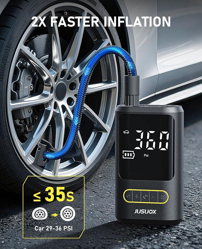 JUSUOX Tire Inflator Portable Air Compressor, Electric Bike Pump with Digital Pressure Gauge, 150 PSI Cordless Air Pump for Car Tires, Motorcycle, Bicycle, Ball with Auto Shutoff, LED Light