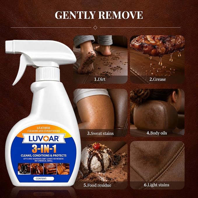 Leather Cleaner and Conditioner 3-in-1 Spray, Use on Leather Furniture, Car Seats, Shoes, Bags, Jackets and Leather Bags with Microfiber Brush & Microfiber Cloth(8 oz Spray Bottle)