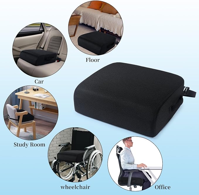 MABOZOO Extra Thick Chair Cushions,Office Chair Booster Seat Cushion to Raise Seat Height for Pain Relief,18 x 16 x 6 inch Non Slip Memory Foam Thick Cushion with Carry Handle(Black)