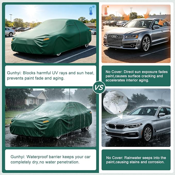 GUNHYI Coupe Car Cover Waterproof All Weather, 16-Layer Heavy Duty Full Exterior Cover with Vents, Driver Door Zipper & Towel, Summer Sun/UV/Rain Protection, Fit Pontiac Firebird, Dodge Charger etc.