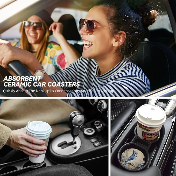 Blue Bird Tree 2 Pack Car Cup Holder Coasters Absorbent Ceramic Drink Coasters 2.56" Universal Anti Slip Cup Mat with Cork Base and Finger Notch Auto Accessories Interior for Women Men