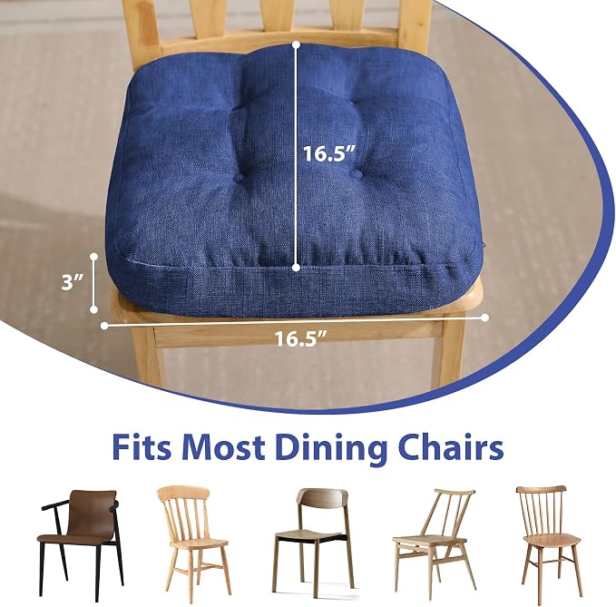 IASEAHK Chair Cushions for Dining Chairs, Dining Chair Cushions, Tufted Indoor Chair Pads with Ties & Non Slip Backing, Seat Cushions for Kitchen Chairs 16.5” x 16.5” x 3.5”, Set of 6, Navy Blue