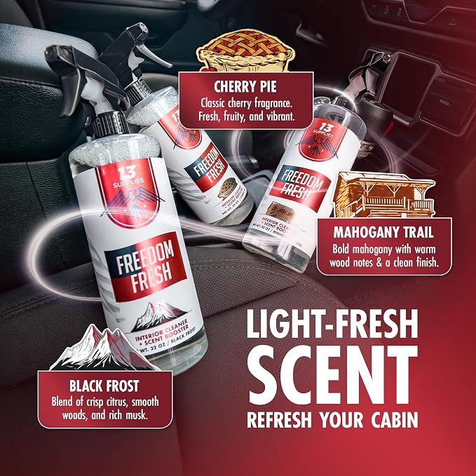 Freedom Fresh Car Interior Cleaner Spray, Cherry Pie, 32 oz | Auto Cleaner for Headliner, Mats, Interior Vehicle Cleaning, Car Dashboard Cleaner Stain Remover, Restores Shine