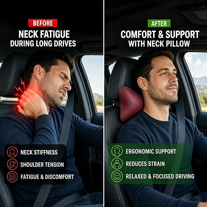 Car Pillow for Car Neck Pillow for Driving Seat Leather Neck Support Soft Cushion Support Head-Rests for Vehicle Sleeping with Elastic Adjustment Strap 2PCS (Neck, Cognac)