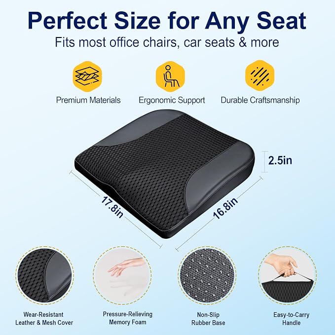 kingphenix Car Seat Cushion – Memory Foam Pad for Driving Comfort – Boosts Height and Relieves Coccyx & Lower Back Pain – Car, Truck, Office Chair (Leather & 4D Mesh Black)
