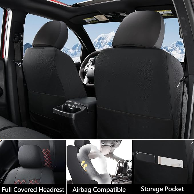 Truckiipa Tacoma Leather Car Seat Covers Full Set Truck Seat Covers Cushion Fit for 2016-2023 Toyota Tacoma Double Crew Cab, Full Set, Black&Red