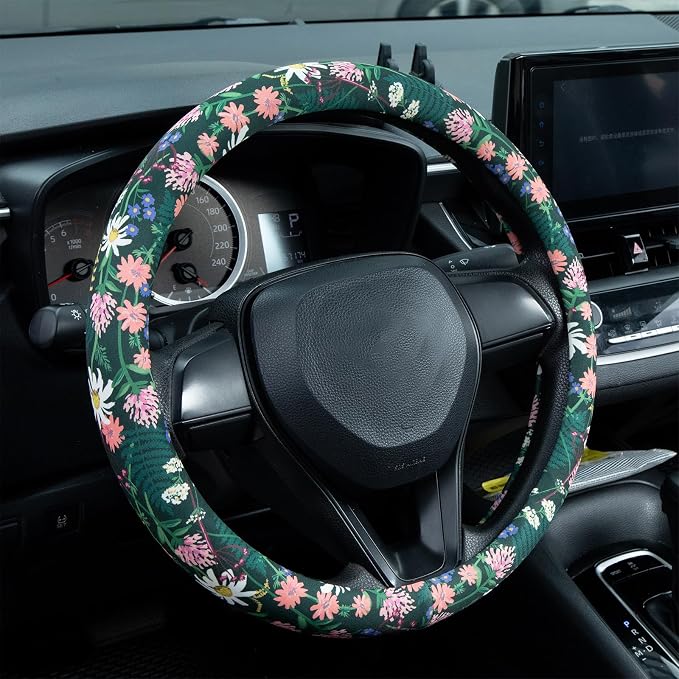 Flower, Floral, Daisies Steering Wheel Cover Auto Steering Wheel Protector, Anti-Slip, Breathable, Absorbing Sweat, Universal Car Accessories 14.5–15 inch,Fit for Most Car, Trucks, SUV