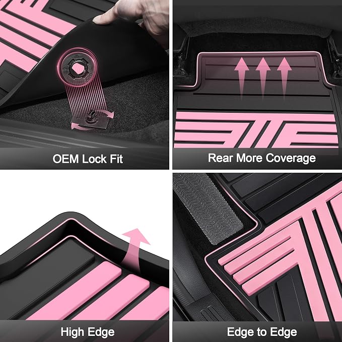 All Weather Rubber Floor Mats for Honda CR-V 2017-2022 (Gasoline & Hybrid) | Custom Fit Heavy Duty Anti-Slip Car Mats for CR-V, 1st & 2nd Row, Black & Pink