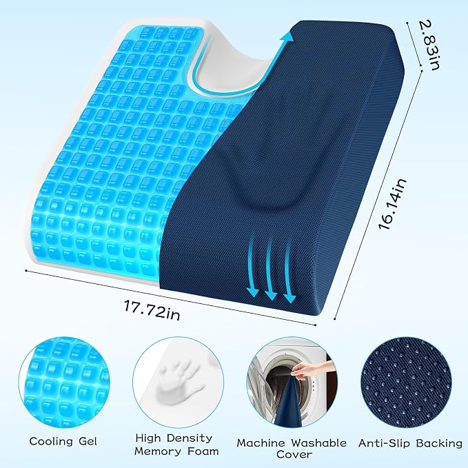 TranquilMoments Seat Cushion, Gel Wheelchair Seat Cushion,Ergonomic Chair Cushions for Office Chairs & Car, Relieve Sciatica, Back and Tailbone Pain, Removable Cover & Non - Slip Bottom, Blue