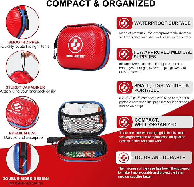 Small First Aid Kit - 185 Pieces Waterproof Emergency Kit for Home, Car, Office, Travel, Camping, Hiking & Outdoor - Portable Hard Case Survival Kit with Premium Supplies(Blue/Red)