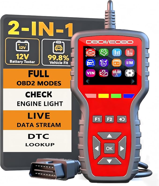 OBD2 Scanner and Battery Tester 2-in-1,Read and Clear Error Codes | Live Data, Freeze Frame,Car Code Reader and Engine Fault Diagnostic Tool for 1996+ OBDII Protocol Cars,red