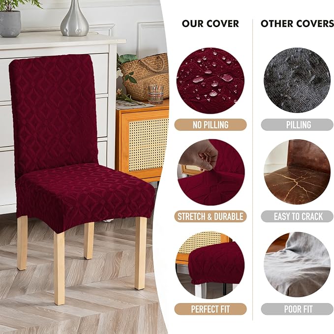 Genina Waterproof Chair Covers for Dining Room Set of 6, Removable Washable Chair Slipcover Protectors, Wine Red