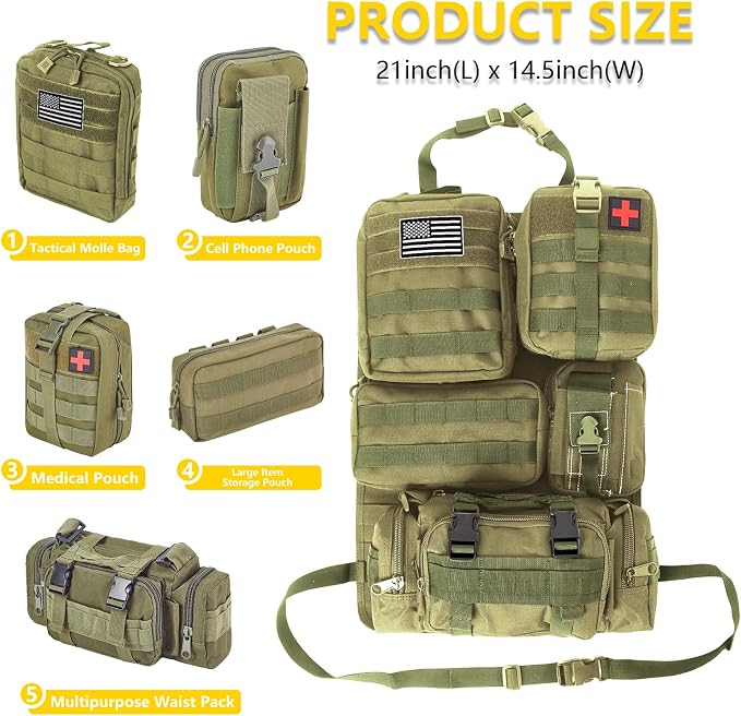 Universal Tactical Car Seat Back Organizer Bag Tactical Molle Vehicle Organizers Panel Vehicle Protector Organizers with 5 Detachable Pouches for Car Truck Ford Jeep (Army green)