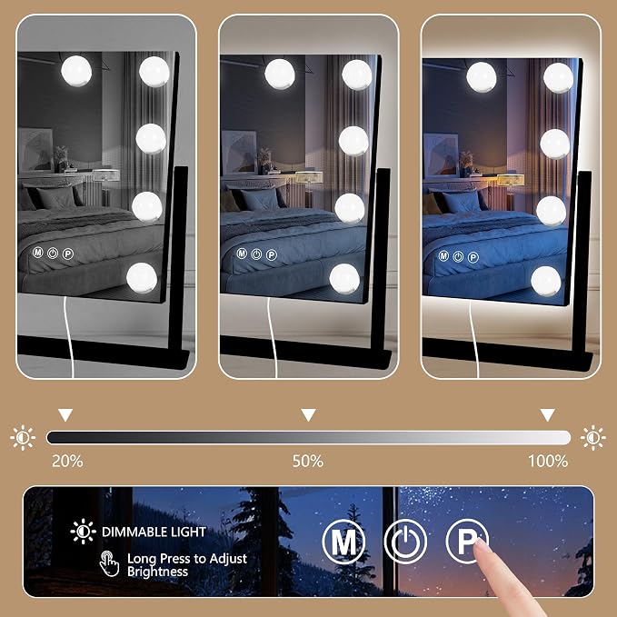 Moonee Vanity Mirror with Lights, Black Hollywood Lighted Makeup Mirror with 9 Dimmable Bulbs and 10X Magnification 360°Rotation, 3 Colors Modes, Light Up Mirror for Tabletop(12" x 14")