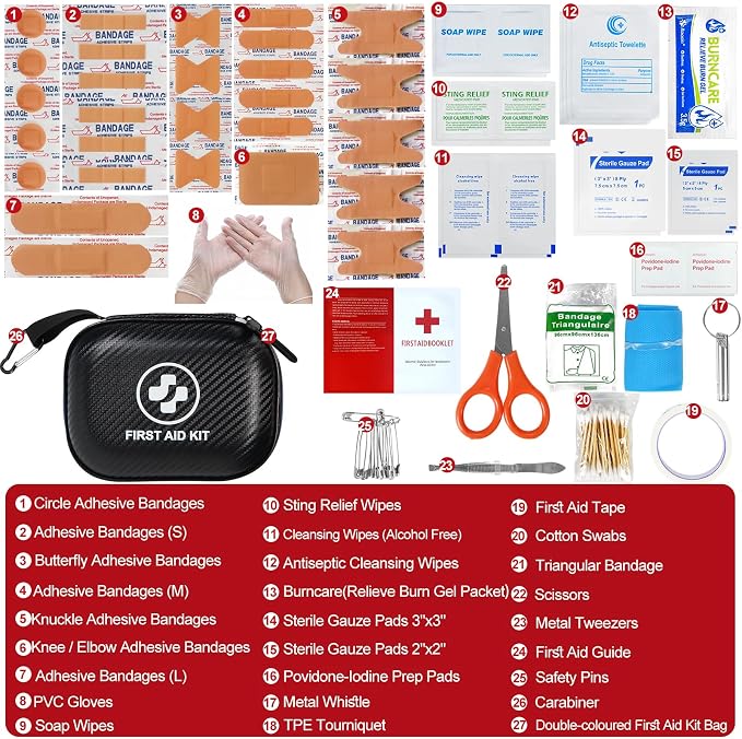 Small First Aid Kit - 185 Pieces Waterproof Emergency Kit for Home, Car, Travel, Camping, Hiking & Outdoor - Portable Hard Case Survival Kit with Premium Supplies(Black/White)