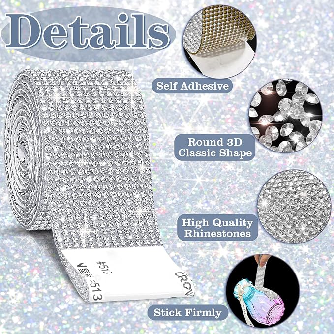 8 Rolls Rhinestone Ribbons,Cludoo 8 Yard Silver Self Adhesive Rhinestone Ribbon, Bling Crystal Diamond Ribbon Roll Wrap Glittering Rhinestones Sticker for Decoration Car DIY Arts Crafts Wedding