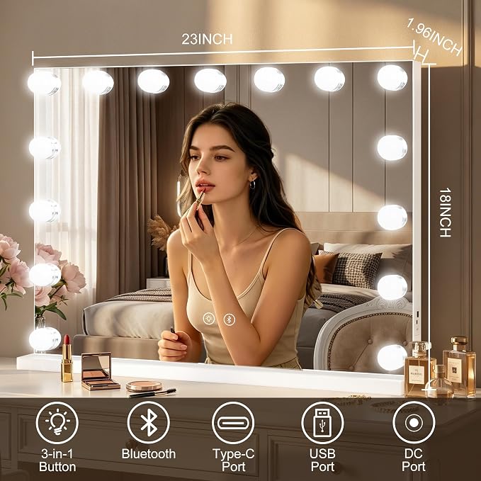 Moonee Vanity Mirror with Lights, Bluetooth Hollywood Lighted Makeup Mirror with 15 Dimmable Bulbs and 10X Magnification, 3 Colors Modes, Light Up Mirror, Gifts for Women, Girls(23" x 18")
