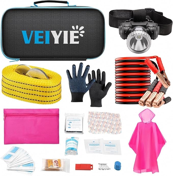Car Roadside Emergency Kit with Jumper Cables, Car First Aid Kit Emergency Kit for Vehicles, Car Safety Roadside Assistance Kit Headlamp, Tow Straps, Gloves, Essential Car Accessories for Men, Women