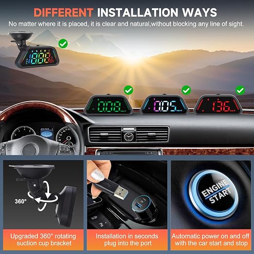 Color Digital Speedometer Heads Up Display for Vehicles,Multiple Color Options, Real-Time Speed, Auto Brightness, Overspeed Alert,360-degree Bracket,Plug and Play,Suitable for All Cars 