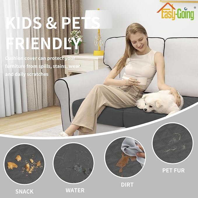 Easy-Going Waterproof Oversized Chair Cushion Covers, Non-Slip Leakproof Sofa Seat Cushion Slipcovers, Quilted and Stretch Furniture Protector for Dogs (1-Piece Oversized Chair Cushion, Dark Gray)