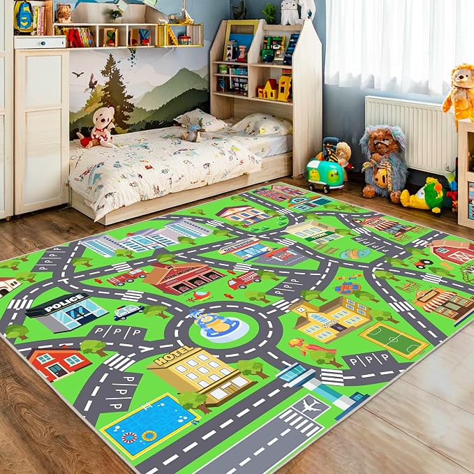 Kids Room Rug, Non-Slip 4x5ft Car Rug City Road Play Mat Rugs Playroom | Soft, Durable Childrens Road Carpet Playmat, Washable Kids Play Rug, for Classroom Bedroom Boys, Flame Resistant
