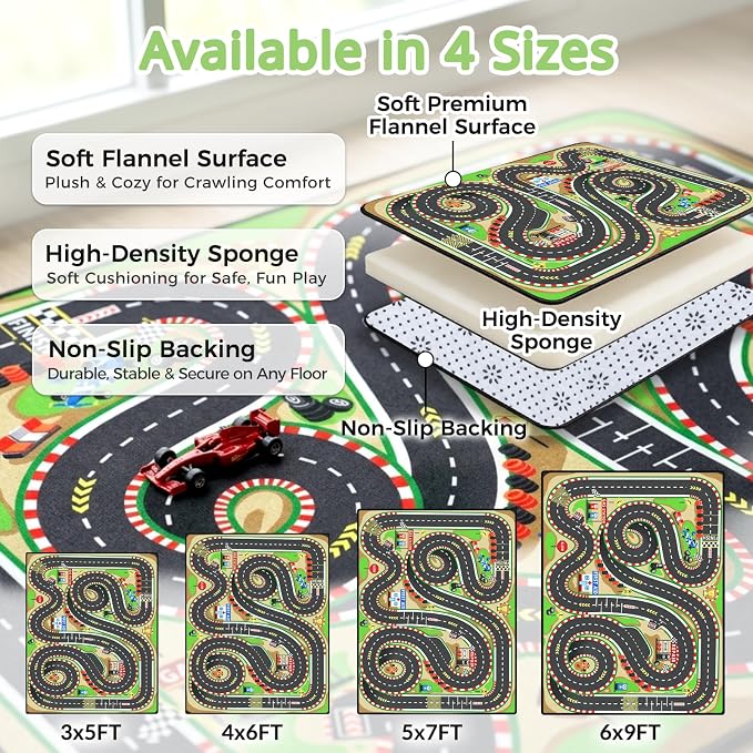 Kids Rug, 5x7 Ft Race Track Car Rug for Kids | Extra Thick 0.4in Soft Non-Slip Racing Car Carpet Play Rug with 3D Track Design for Toy Cars, Playroom, Bedroom &Nursery