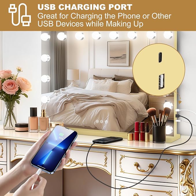 Moonee Vanity Mirror with Lights, Gold Hollywood Lighted Makeup Mirror with 17 Dimmable Bulbs and 10X Magnification, 3 Colors Modes, Aluminum Metal Frame, Light Up Mirror for Tabletop/Wall(26" x 20")