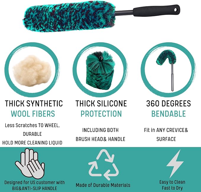 oesee Professional 4 Pack Long Handle Wheel Brush Kit for Cleaning Wheel and Tire- 2X Soft Wheel Cleaning Brush, Detailing Brush and Stiff Tire Brush, Bendable& Durable Wheel Rim Cleaner Brush Set