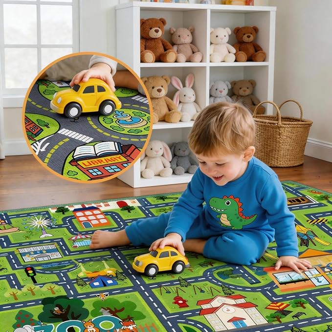 Non Slip City Road Traffic Carpet for Toy Cars, Kids Play Rug 3x5 Feet Education Town Map with Zoo and Shop Learning Area Rug for Boys Girls Playroom Bedroom