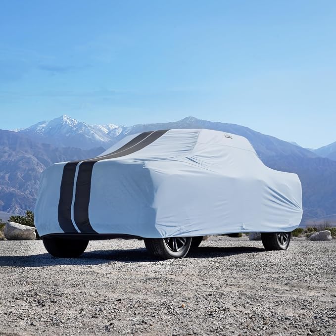 iCarCover Premium Heavy Duty Truck Car Cover - Waterproof All Weather Rain Snow UV Protection, F-150 Extended Cab, F-250, F-350 Crew Cab, Extended Cab, Size T87 (See Size Chart), Stripe - Gray/Black