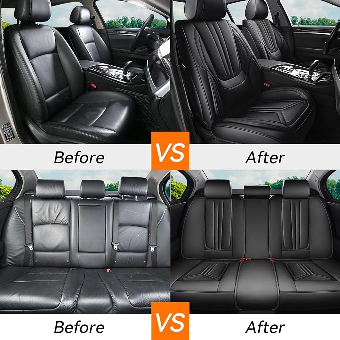 Car Seat Covers Full Set Black, Premium Leather Car Seat Covers, Waterproof and Breathable Seat Covers, Universal Car Seat Protector Fit for Cars, Trucks, SUVs, Pick-ups