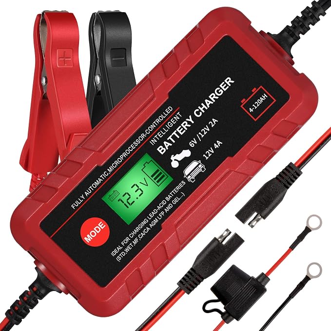4A Smart Car Battery Charger, 6V 12V Automotive Charger Maintainer Fully Automatic 8-Stages Trickle Charger for Automotive Motorcycle Car Battery, Portable 4A Smart Car Battery Charger 6V 12V