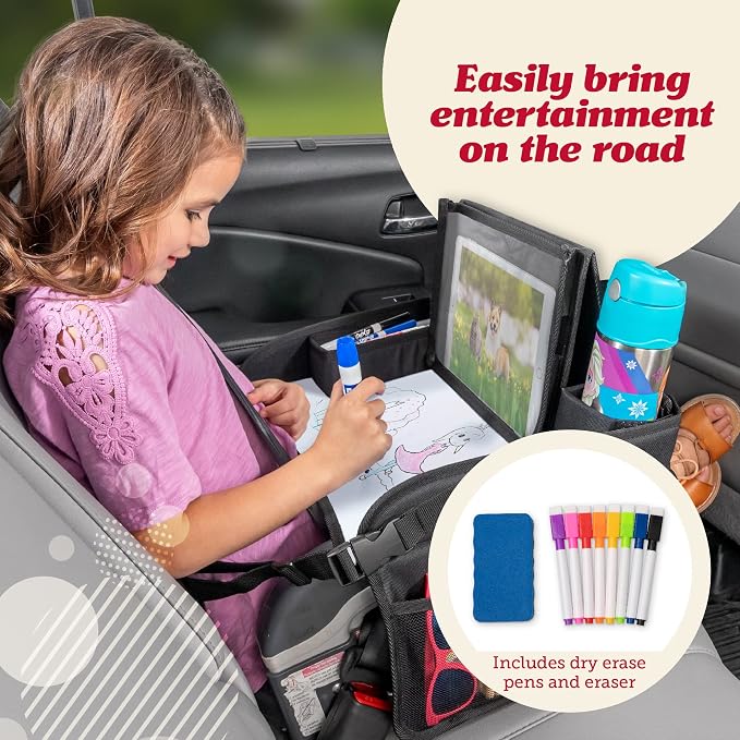 Lusso Gear Car Seat Activity Tray - Dry-Erase Top & Toddler Travel Essential - Mesh Pockets & Car Back Seat Organizer - Cup Holder & Road Trip Essentials for Kids - 600D Oxford Material