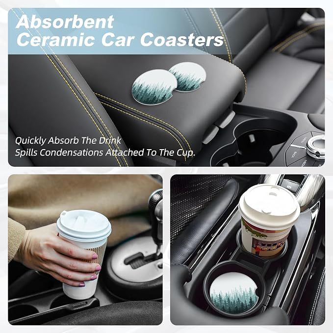 Green Forest Car Coasters for Cup Holders,2 Pack Car Cup Holder Coasters for Car,Ceramic Absorbent Car Coaster with A Finger Notch and Cork Base,Car Interior Accessories for Women Men