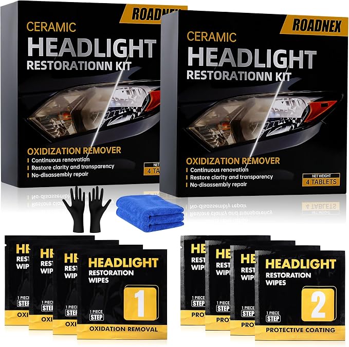 Headlight Restoration Kit, Ceramic Headlight Cleaner and Restorer Kit 2-Step Wipes, Removes Yellowing, Oxidation & Cloudiness, Restores Clarity Brings Headlights Back to Like New Condition,(2 Pack)
